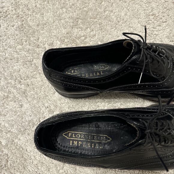 Vintage 70s Men's Florsheim Imperial Black Leather Wingtip Shoes Size  8.5 EEE - Picture 5 of 7